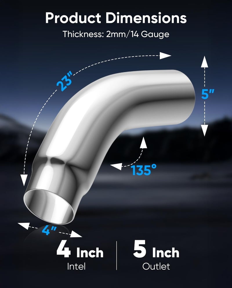 LYLCDDP 4 inch Diesel Exhaust, Exhaust Pipe Tip Elbow with a Clamp. 4'' Inlet 5'' Outlet 23'' Long chrome exhaust tips - Image 3